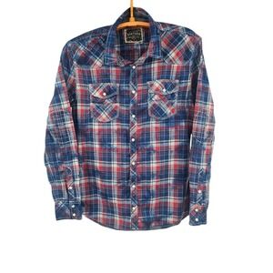 BKE Vintage Shirt Distressed Large‎ Plaid Pearl Snap Long Sleeve